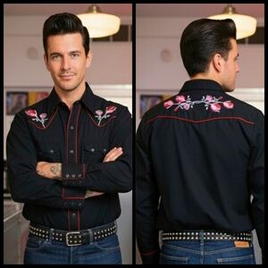Vtg 80s Dee Cee blk embroidery rose pearl snap cowboy western shirt 17-35 unisex